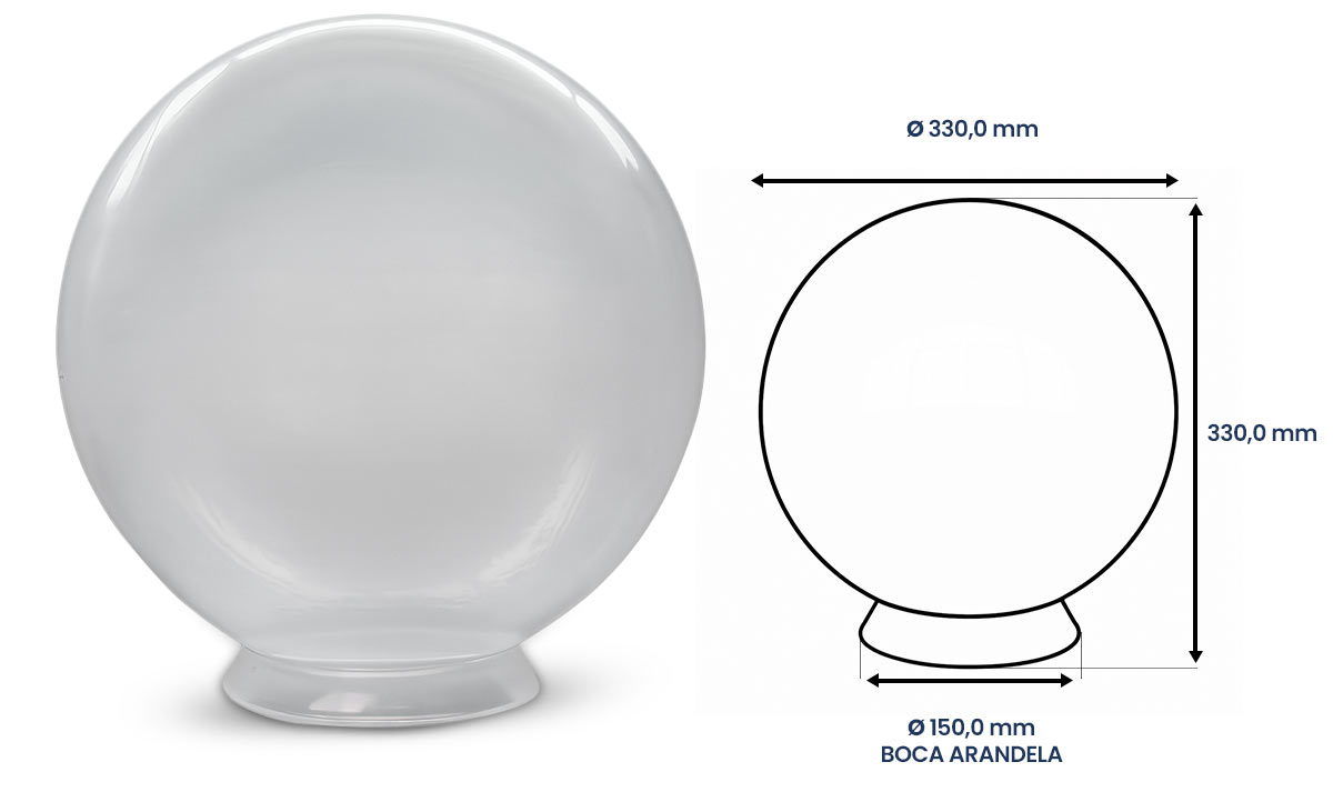 Globo esférico de iluminaçãoTermoplast: diâmetro externo de 320 mm, altura de 335 mm e bocal de 150 mm